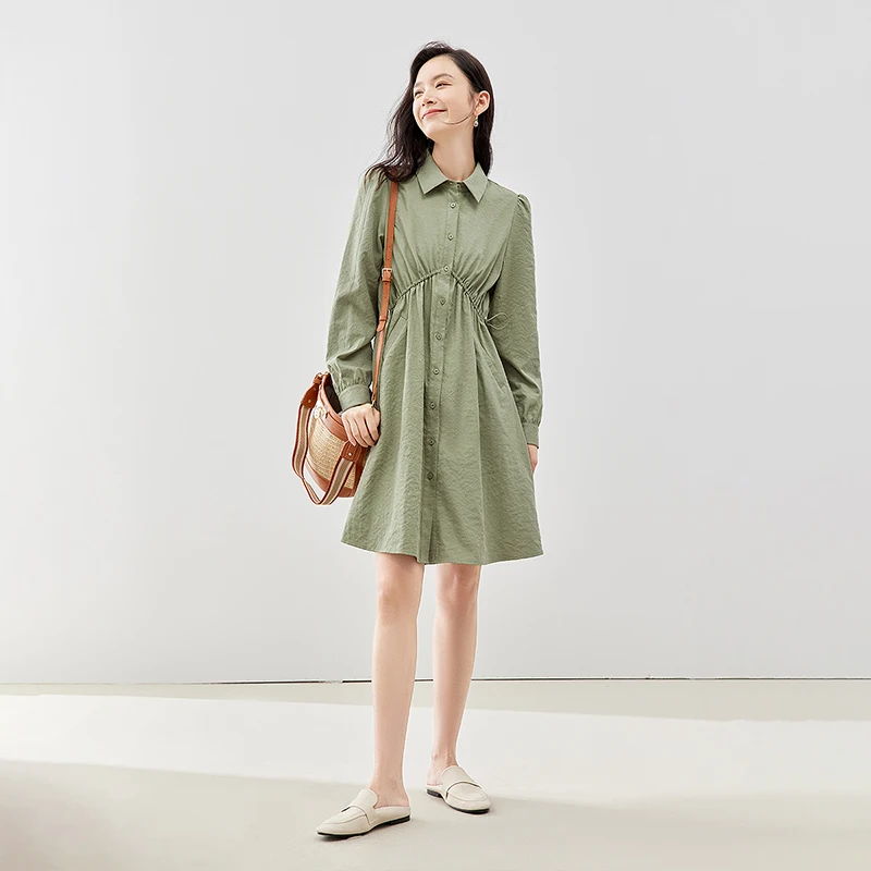 Toyouth Women Dress 2023 Autumn Long Sleeve Polo Neck A-shaped Drawstring Elastic Waist Single Breasted Casual Green Skirt