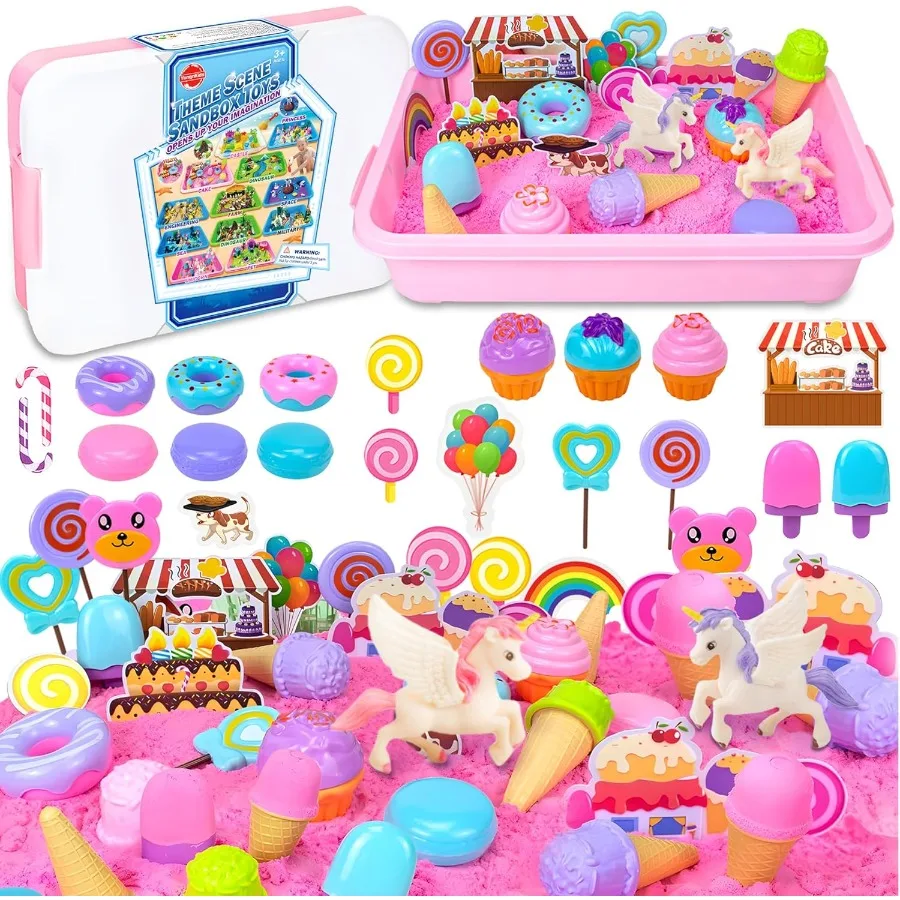 

Игровой набор для песка — игрушка для сенсорного бака для мороженого для детей с волшебными песками 2,2 фунта, формочками для мороженого и инструментами для чистки, тактильная футболка с единорогом