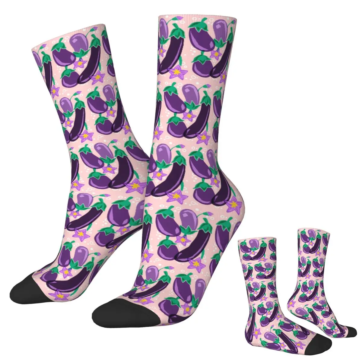 All Seasons Crew Stockings Purple Eggplant And Flower Cartoon Design Socks Casual Long Socks for Men Women Valentine's Day Gifts