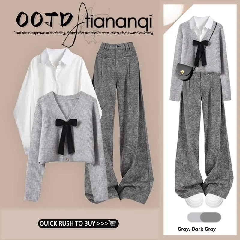 

Knitted Knot V-Neck Cardigan Long Sleeve Shirt High Waist Straight Leg Wide Pants Three-Piece Set Women's Fashion