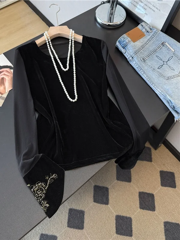 Ele Bla Velvet Long Sve Embroidered irt Women's Inner Wear Base Top New Chinese Sle High Faion Autumn Collection