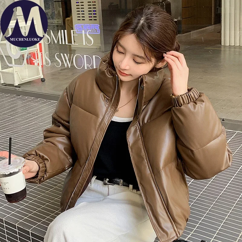 

Women's Winter Jacket Leather Cover Long Sleeve Stand Collar Warm Coat Korean Fashion Casual Loose Thickened Short Parkas