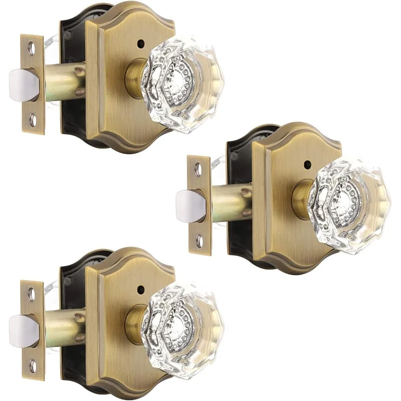 3 Pack Privacy Crystal Glass Door knobs with Lock,Heavy Duty Door Locksets with Diamond Crystal Knob,Keyless Door Handles