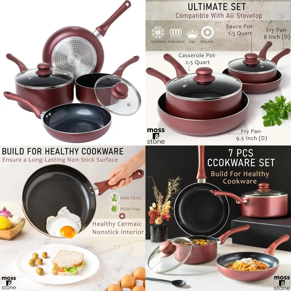 

6-Piece Burgundy Nonstick Cookware Set with Glass Lids, Induction Compatible, PTFE/PFOA-Free, Including Frying Pans and Saucepan