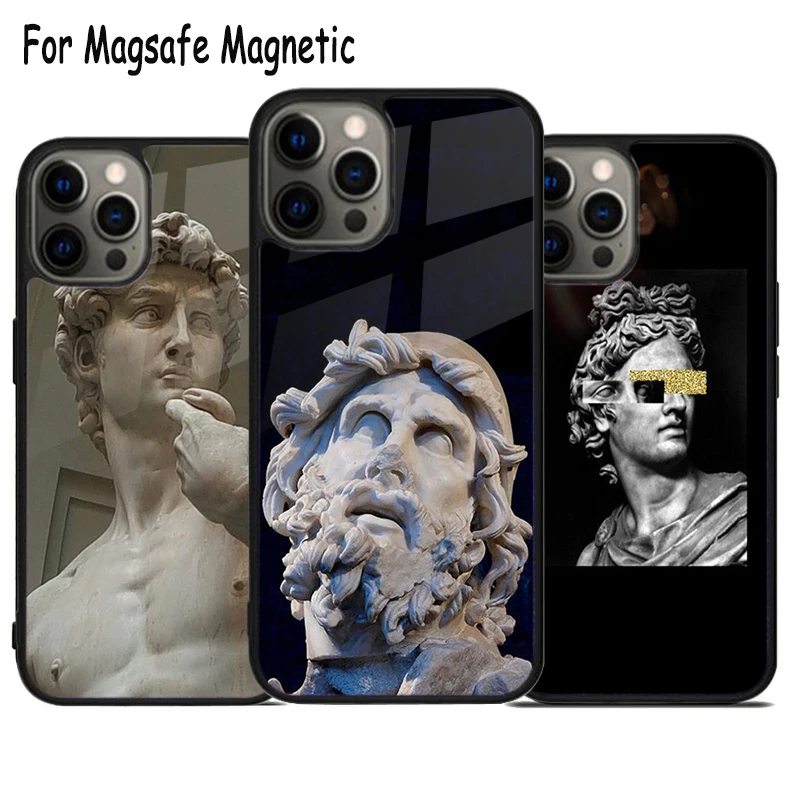 Greek God Statue Face Wireless Charge Magsafe Phone Case For iPhone 15 16 14 13 11 12 Pro Max Plus Magnetic Bumper Cover