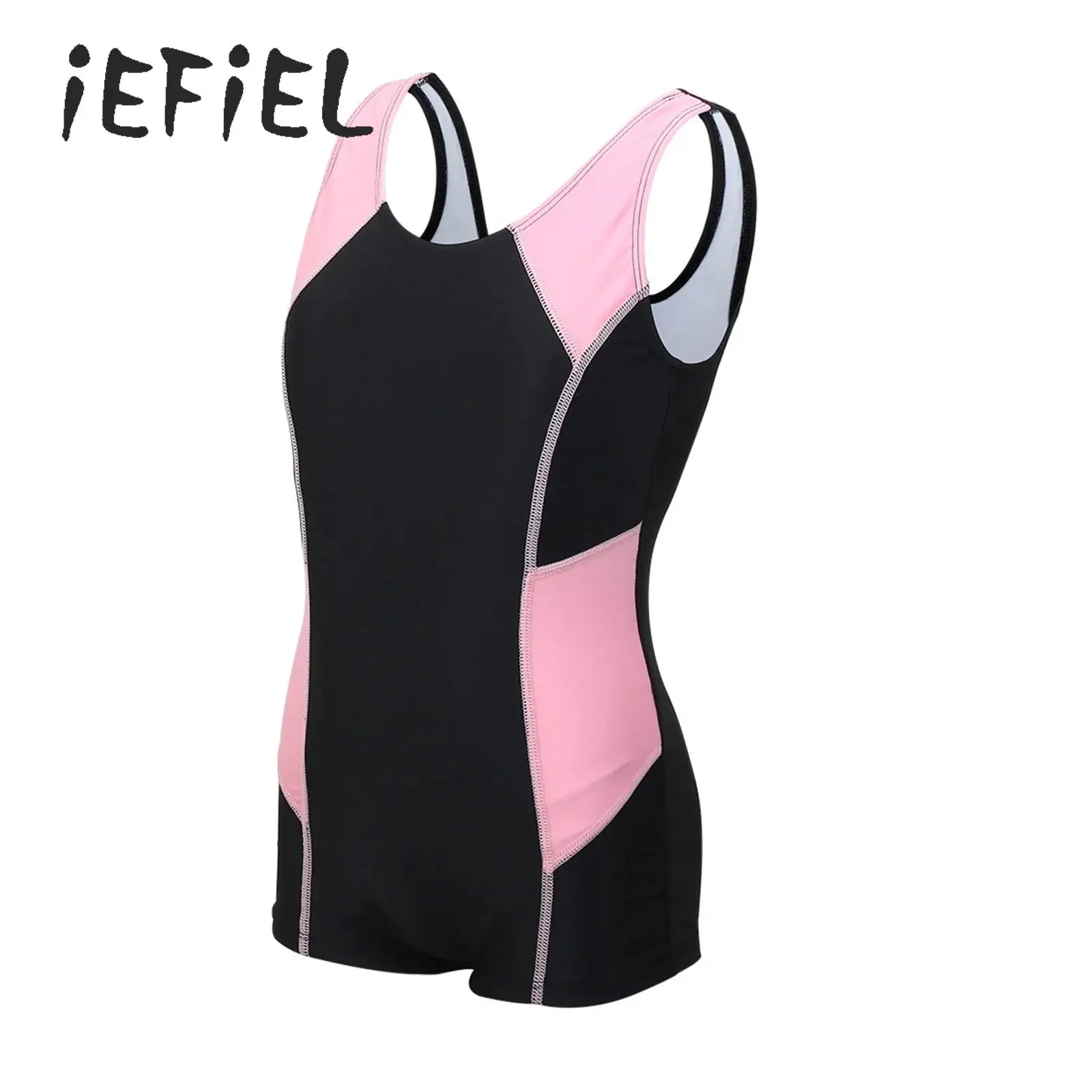

Teen Girls Swimsuit One Piece Athletic Shorty Bikini Swimwear Color Block Sleeveless Sports Bathing Suit Quick Dry Beachwear