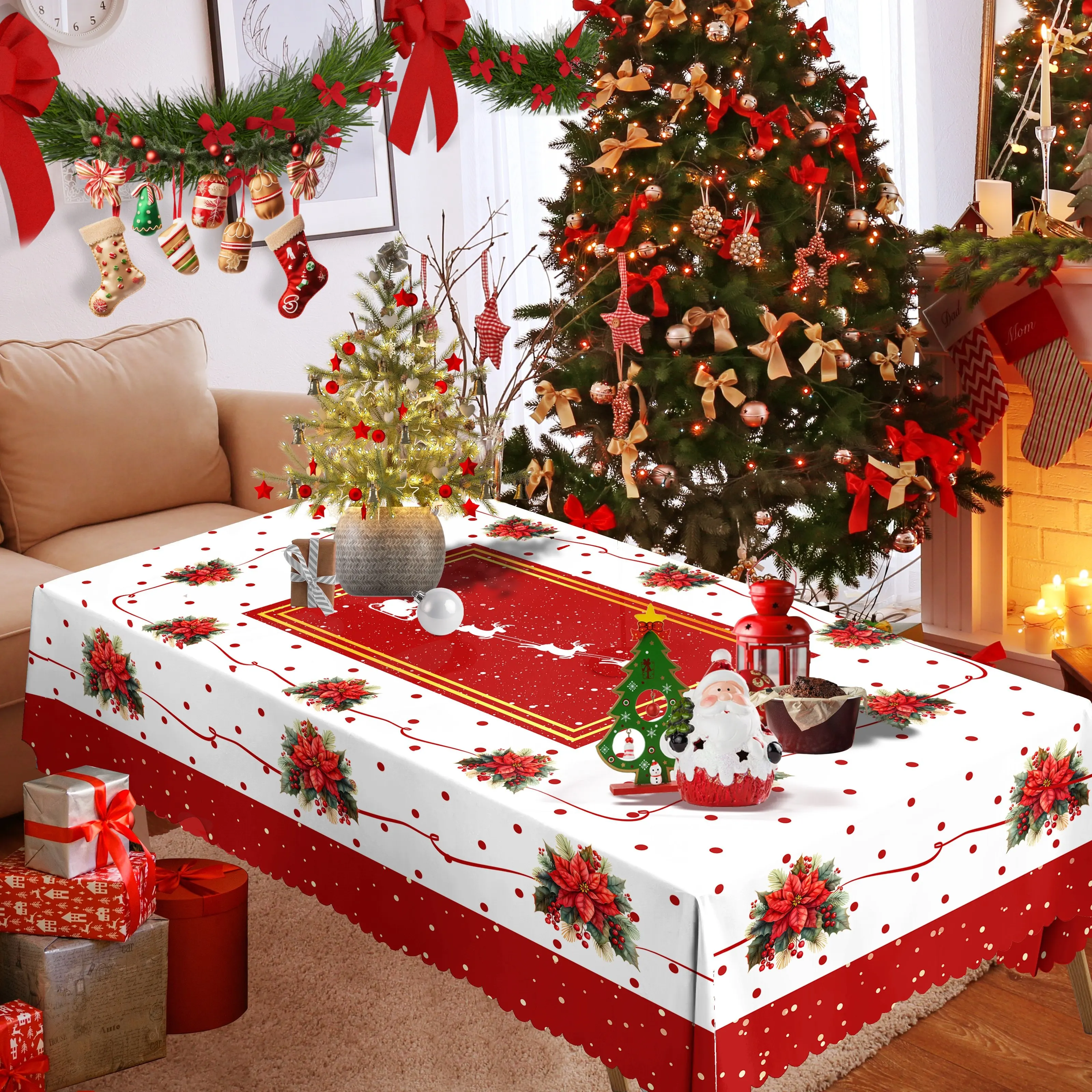 One tablecloth, a Christmas happy red ribbon flower bouquet tablecloth, a moose Santa Claus table cover.zyc