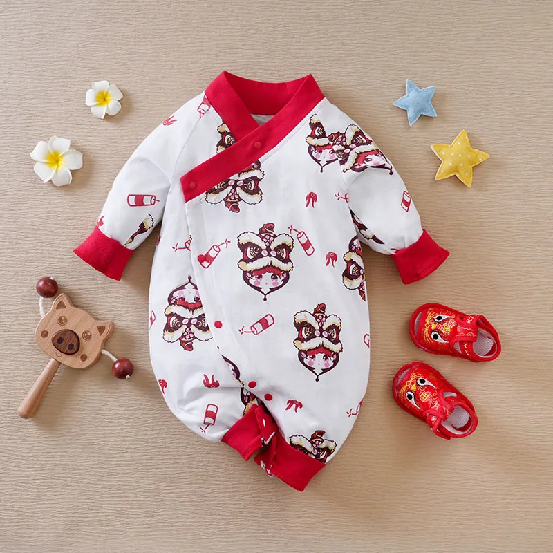 Baby New Year Jumpsuit With Chinese Style Lion Elements Newborn Pure Cotton Long Sleeved Clothes Spring And Autumn Clothes