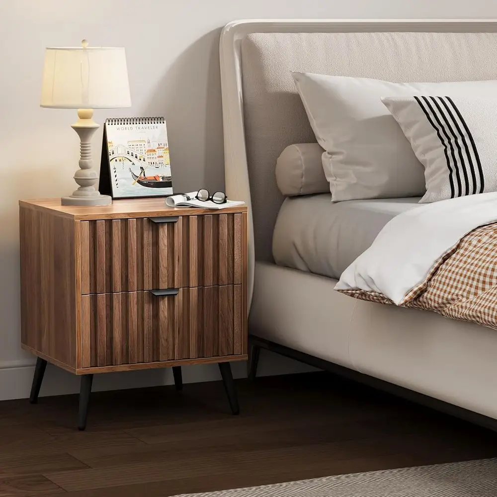 

Mid-Century Walnut Nightstand with 2 Drawers and Open Shelf, Modern Bedroom Side Table furniture bedroom nightstand