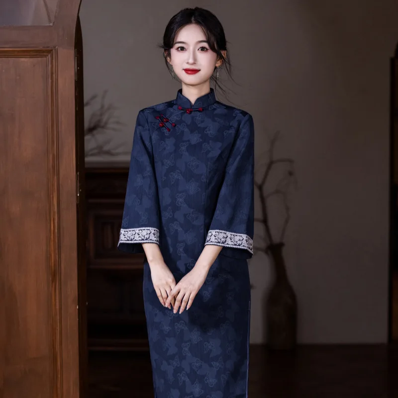 

New Autumn/Winter Chinese Style Improved Butterfly Jacquard Fabric Qipao Chinese Style Female Long Dress Qipao Evening Gown