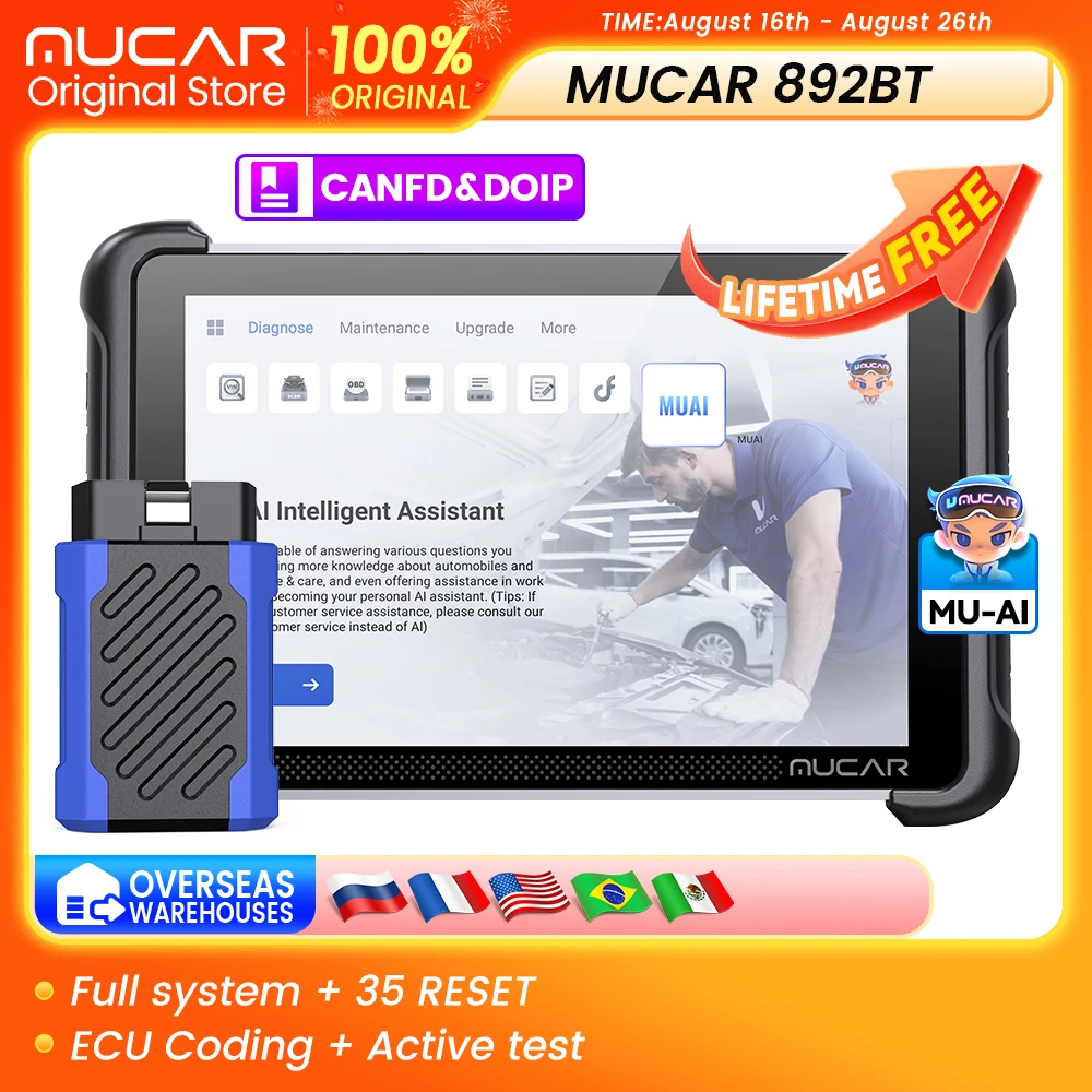 MUCAR 892BT OBD2 Scanner Key Programming AI Automotive Diagnostic Tool Bi Directional ECU Coding CANFD DOIP 35 Resets Life Free