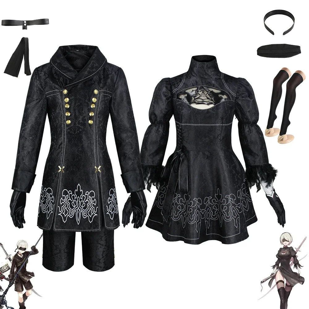 

Anime NierCosplay Costume 2B Black Leotard Dress 9S Black Jacket Pants Suit Halloween Clothes