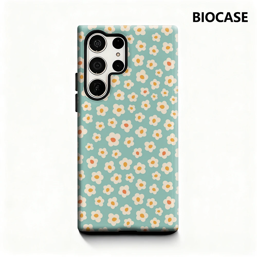 Ditsy Gelbe Blumen auf blaugrüner Handyhülle für Samsung Galaxy S25 Ultra S24 S23 Ultra Plus, glänzende doppellagige Rückseite