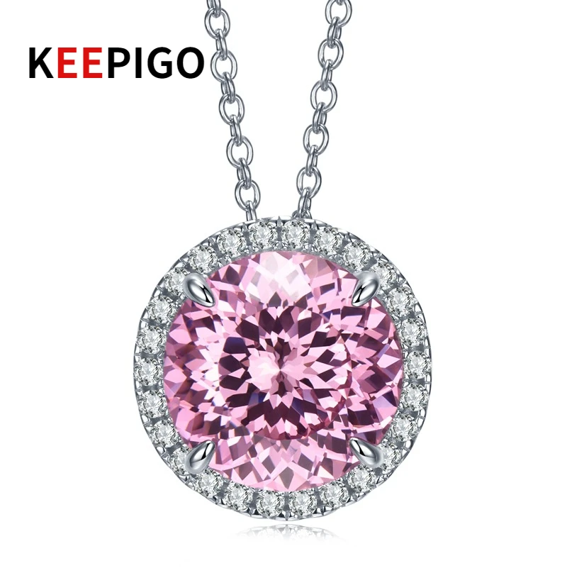 

KEEPIGO S925 Sterling Silver Round Pink 5ct High Carbon Diamond Pendant Necklace For Women Sparkling Party Fine Jewelry Gift