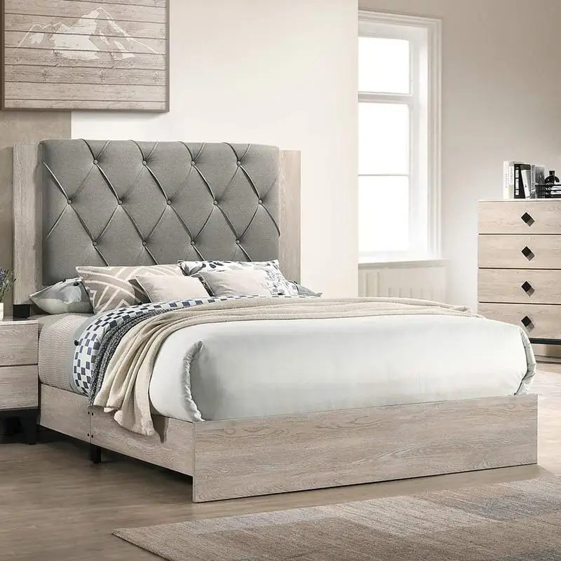 Contemporary Cream Finish California King Bed Frame with Gray Tufted Headboard, Rubberwood Construction