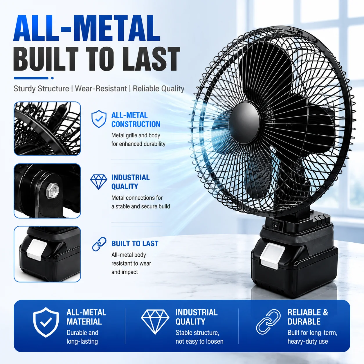 8-inch two-speed brushless metal fan compatible with Makita batteries, ideal for outdoor camping, fishing, and construction site