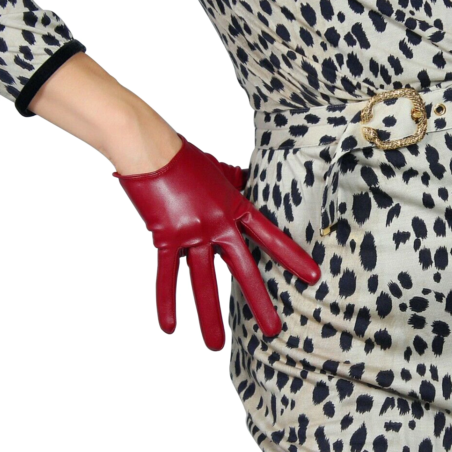 DooWay Women's Extra Short Leather Gloves Faux Lambskin Sheepskin 16cm Burgundy Cosplay Party Costume Accessories Finger Gloves