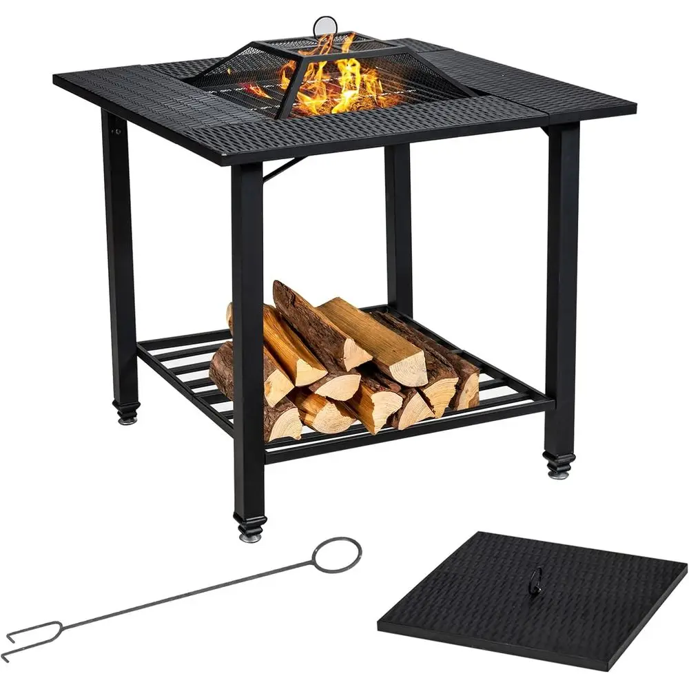 

Outdoor Fire Pit, Heavy Duty Metal Square Wood Burning Fire Pit with Spark Screen Cover, Removable Lid, Cooking Grate, Log Grate