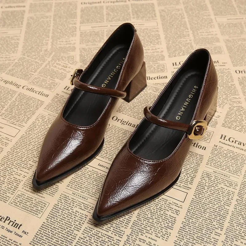 

Retro Women's Pointed Tip High Heels 2026 Luxury Mary Janes Casual Shoes for Woman High End Designer Wedding Shoes Zapatos Mujer