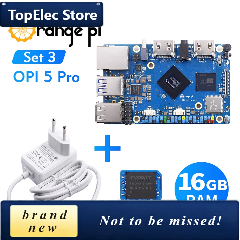 TopElec Orange Pi 5 Pro 16GB+256GB EMMC Module+5V5A Type-C Power Supply, DDR5 Rockchip RK3588S Gigabit Ethernet WiFi+BT BLE Mini