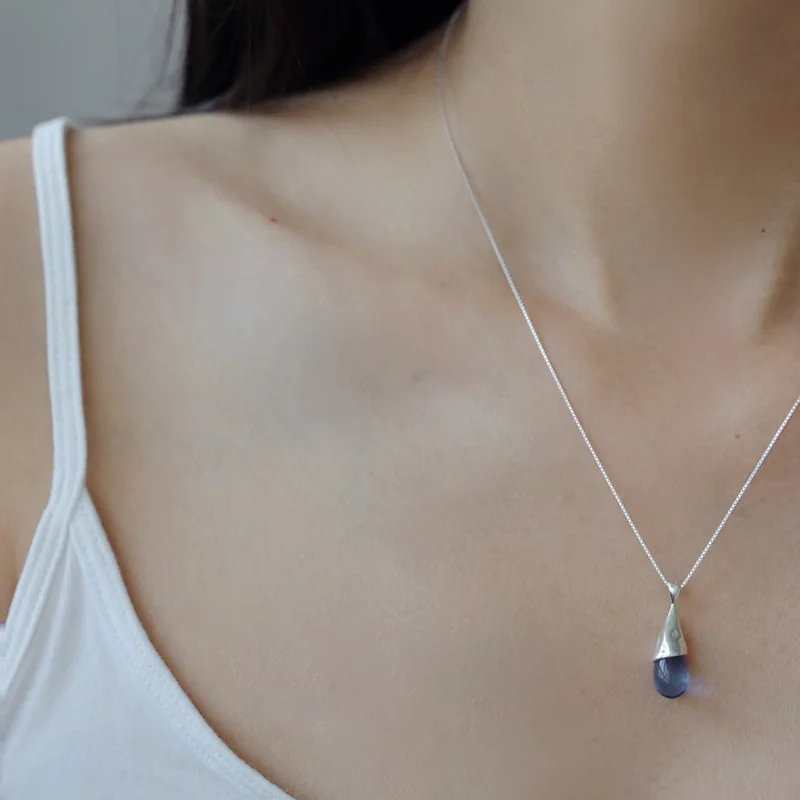 Silver color Blue Waterdrop Shape Chain Choker Necklace For Women Wide Fine Jewelry Wedding Party Birthday Gift