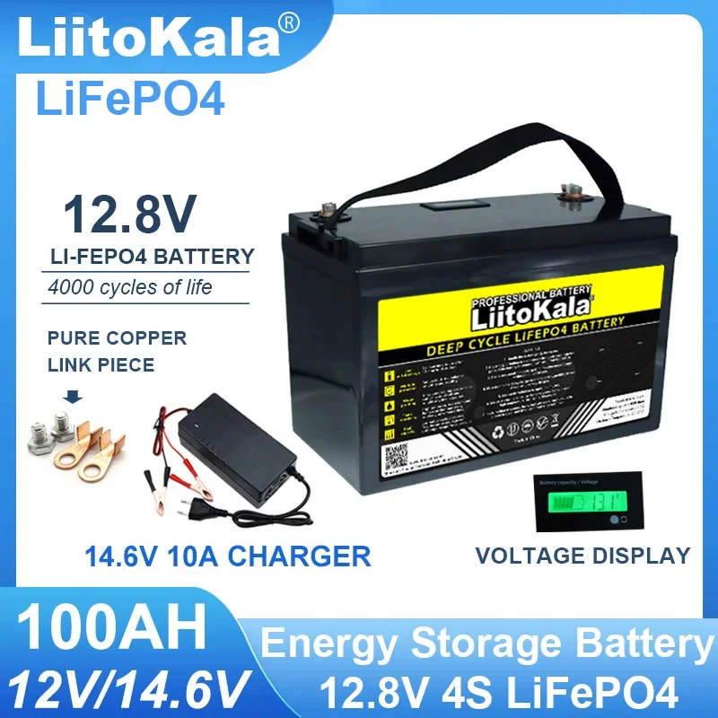 LiitoKala 12.8V 100AH LiFePO4 Battery 12v 4s Lithium Iron Phosphate Golf cart inverter Car lighter Batteries 14.6V 10A Charger