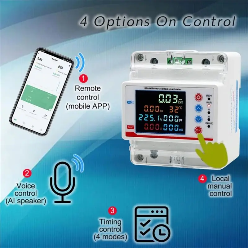 ABQU Tuya WiFi Smart 2P 100A Bi-Directional for Energy Power Meter kWh Meter, Leakage Over/Under Voltage Protector Relay