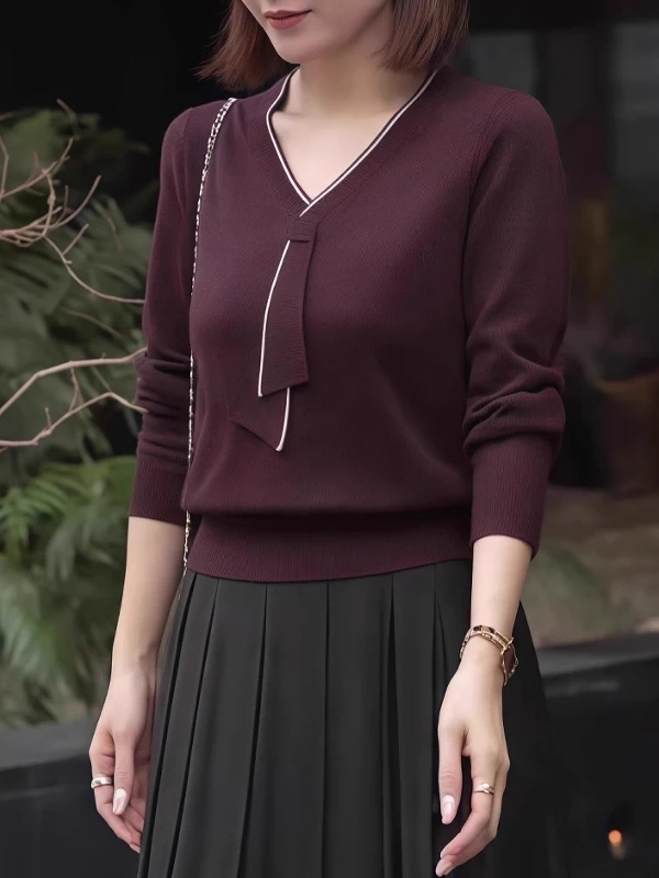 

Вязаная базовая футболка Ele V-Ne для женщин больших размеров, утягивающая, фиолетовая, весенняя, европейский стиль