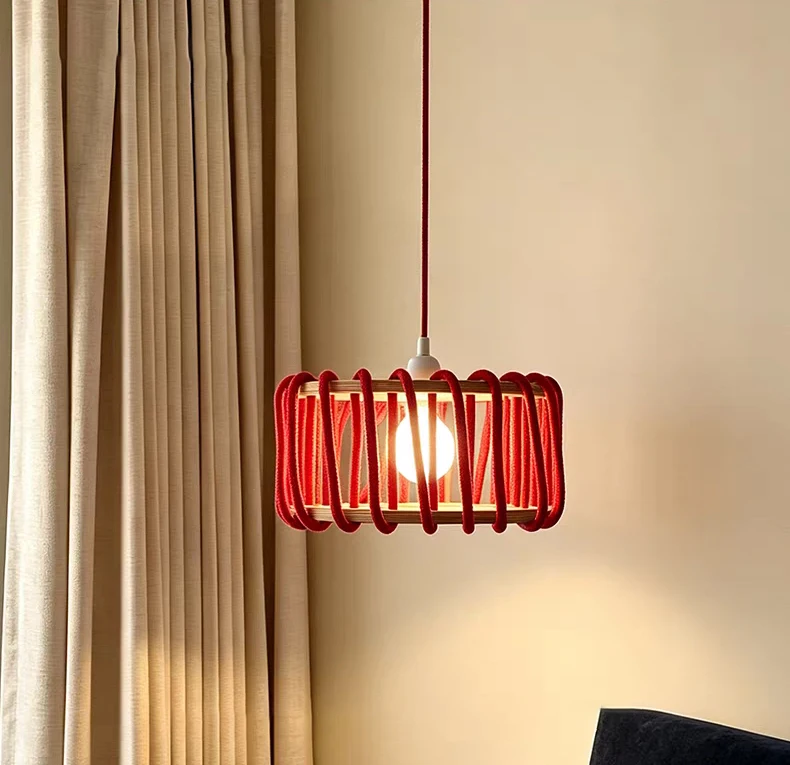 Creative White Red Yellow Rope Pendant Light E27 Bulb Wood
