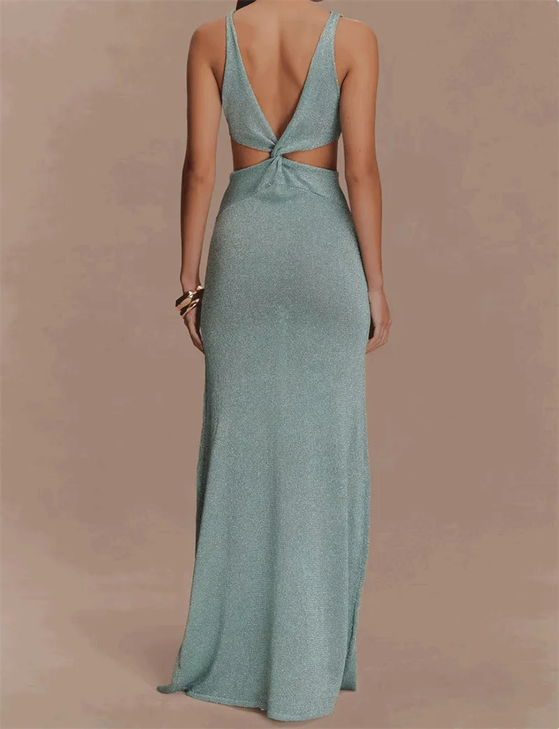 Women's Summer Deep V Neck Sleeveless Backless Long Knit Dress Cross-Cut out Swimsuit Beach Bikini Cover up Crochet Swimwear