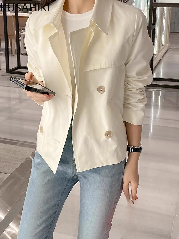 KUSAHIKI Korean Chic Autumn Retro Turn-down Collar Double Breasted Versatile Solid Color Short Trench Coat for Women