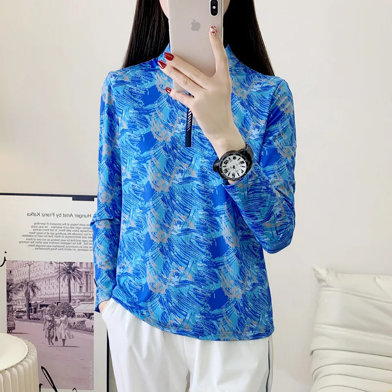 Women's Ice Silk Cool elastic quick-drying T-shirt Summer new long-sleeved loose slimming fashionable and lightweight T-shirt