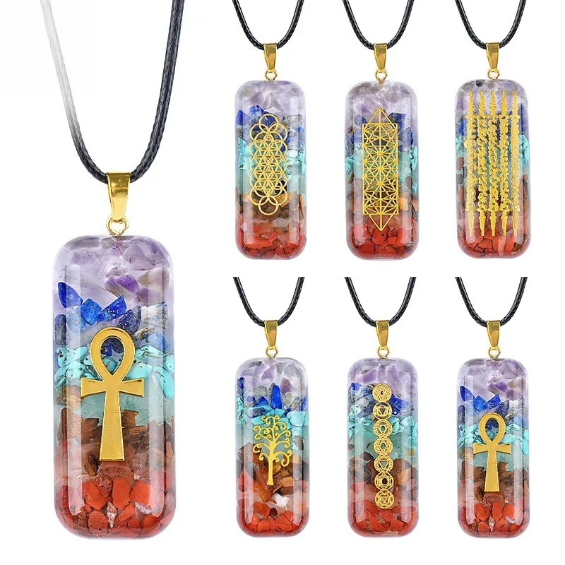 Tree of Life Rune Epoxy Wrapped Colorful Chip Crushed Stone Pendant Rectangle Charm Yoga Meditation Healing Necklace Jewelry