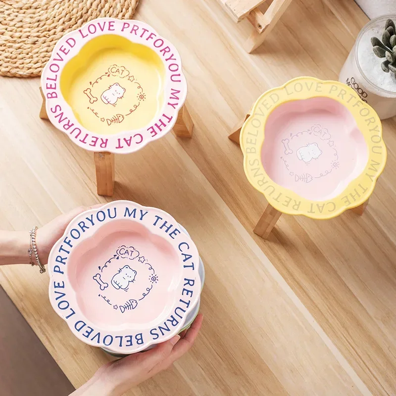 Flower Shape Cat Food Bowl Colored Ceramics Lace Powder Blue Ins Macaron Color Cute Cartoon Large Caliber Pet Supplies  Pet Bowl