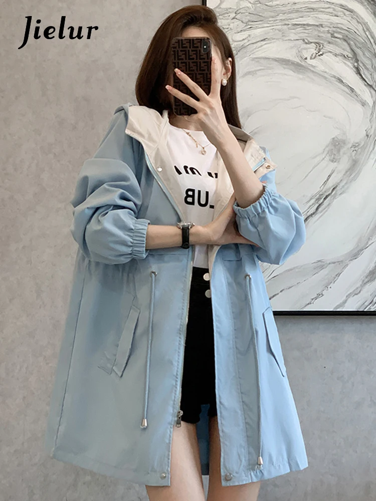 Jielur Spell Color Slim Waist Woman Trench Coat Loose Casual Drawstring Hooded Blue Black Female Coat Winter Simple Office Lady