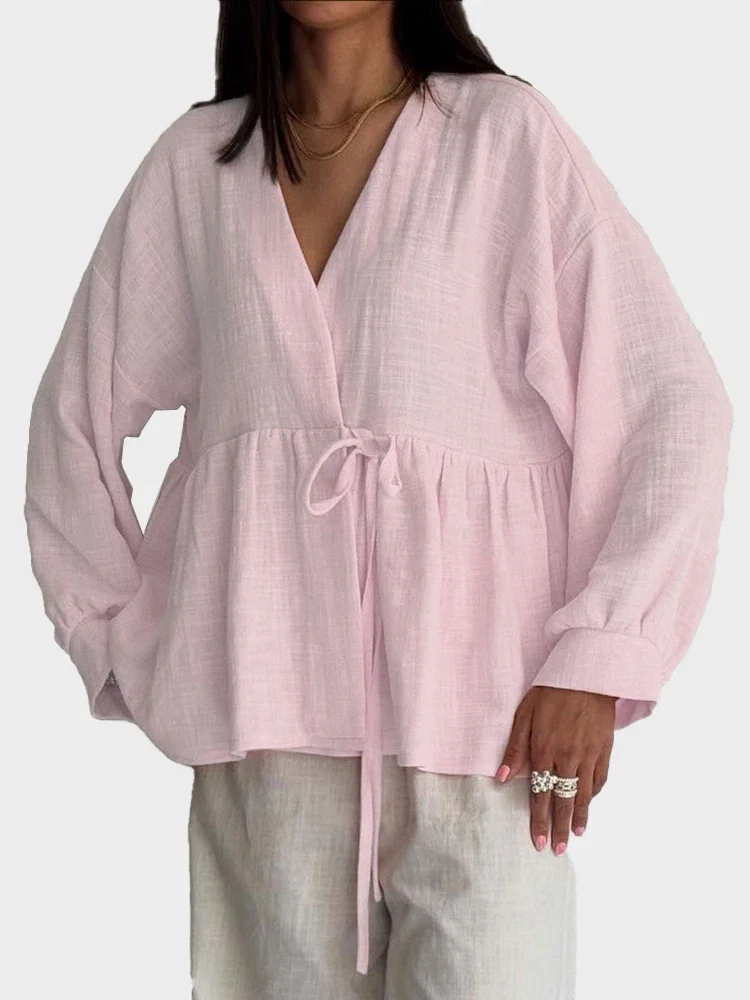 2025 가을 여성 셔츠 디자인 감각, 레이스업 롱 셔츠 슬리브, 세련된 출퇴근 스타일