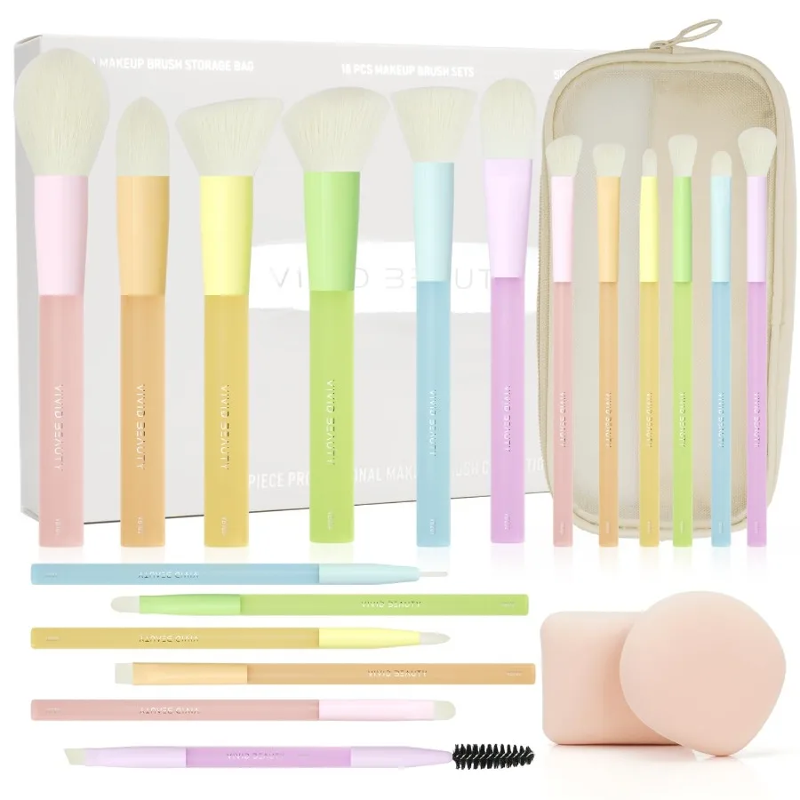 

18pcs Colorful Makeup Brush Set with Make up Bag and Sponge Applicators for Liquid Foundation Professional Cosmetics Tools Blus