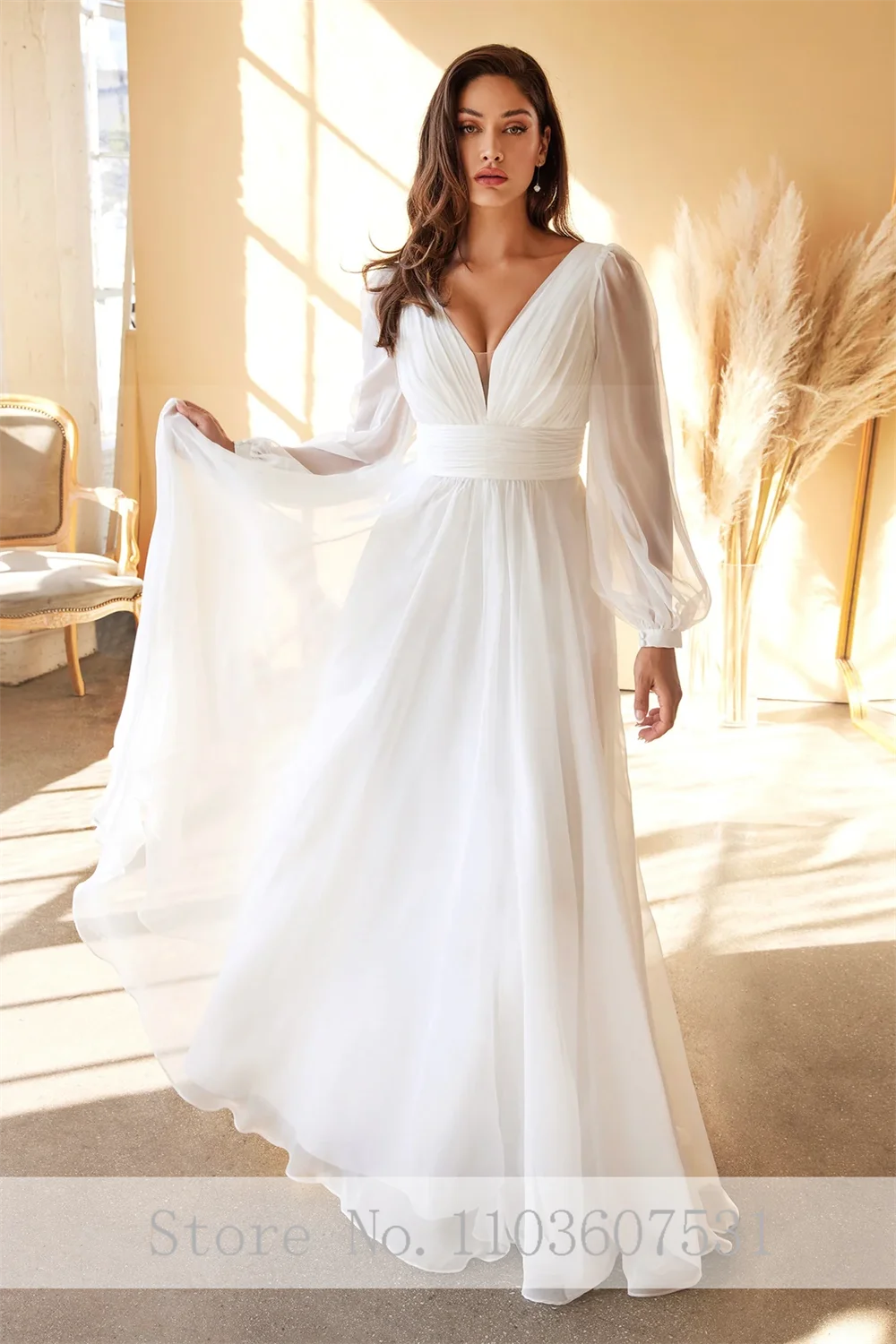 Classic Long Sleeve Chiffon V-neck Wedding Dress for Women Backless A-line Court Wedding Party Gown Bridal robe de mariée