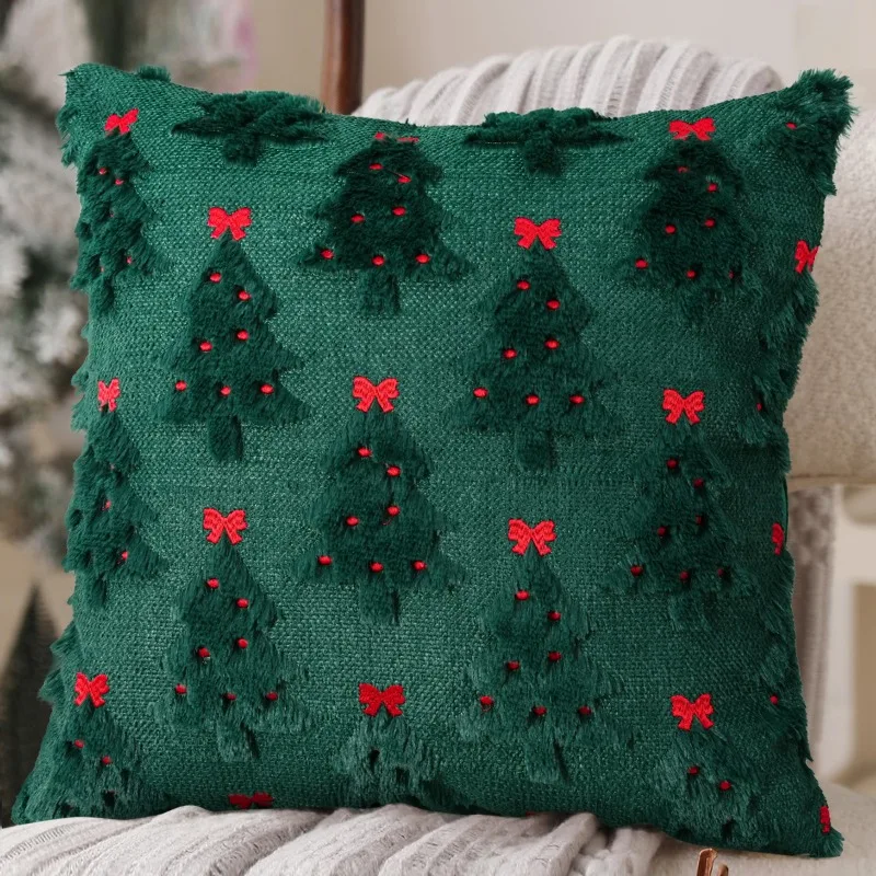 1/2pcs Christmas Bow Embroidered Pillow Covers Polyester Flannel Tree Design Sofa Cushion Festive Party Decor Only Pillowcase