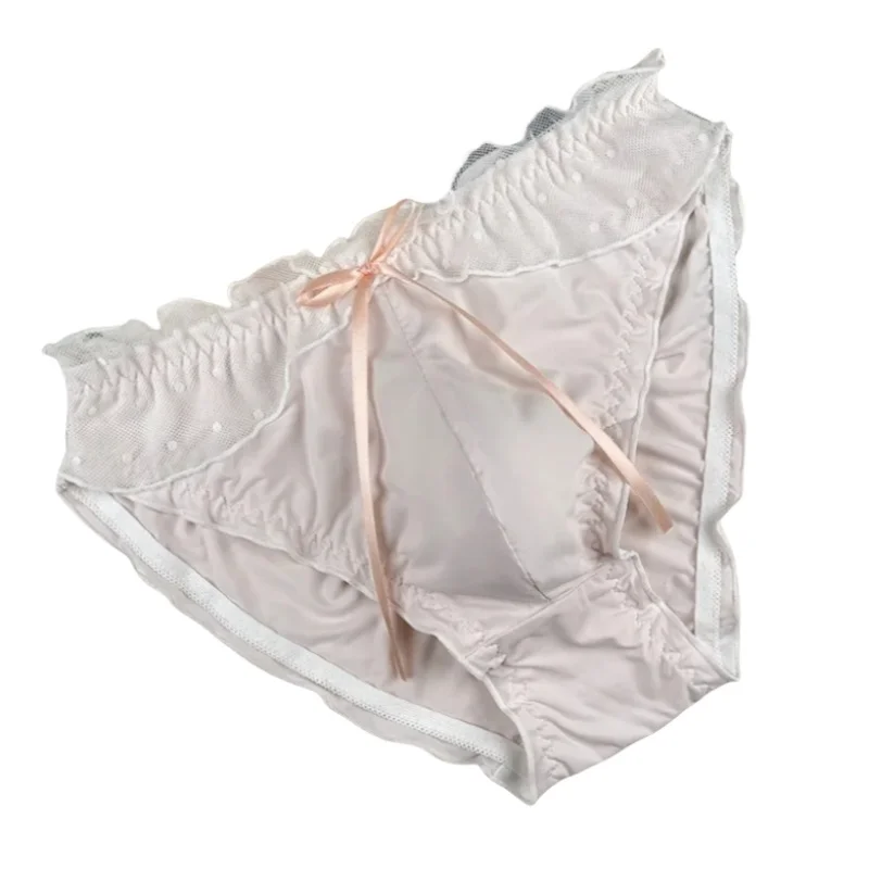 Men's Sexy Briefs Ice Silk Ruffles Triangle Briefs Comfortable Breathable Bulge Underwear Sissy Lace Bow Sexy Lingerie Panties