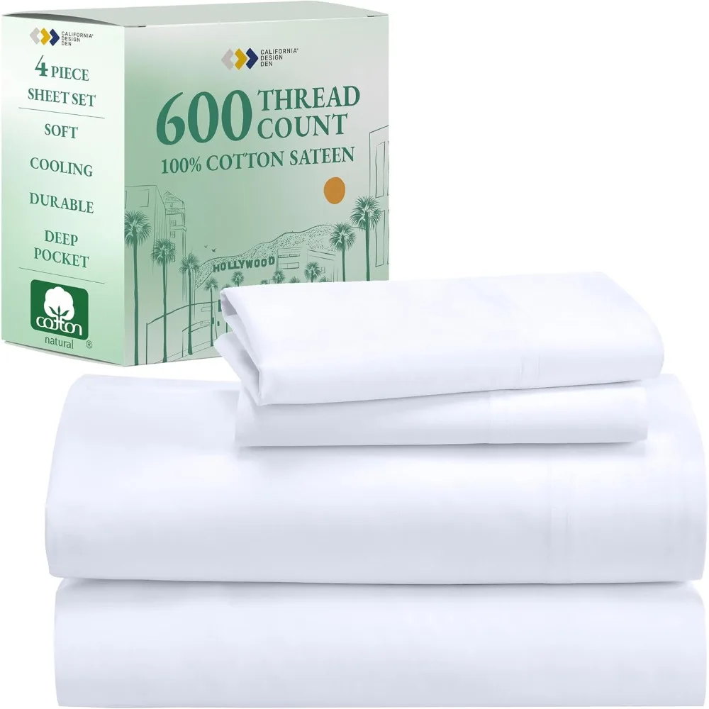 

California Design Den Queen Sheet Set - Luxury 600 Thread Count Sateen, 100% Cotton Deep Pocket Queen Sheets with All Around Ela