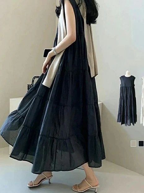 فستان صيفي جديد للنساء بتصميم بسيط وأنيق، فستان طويل بدون أكمام على الطراز الكوري، فستان متعدد الاستخدامات بطول متوسط وقصة A-...