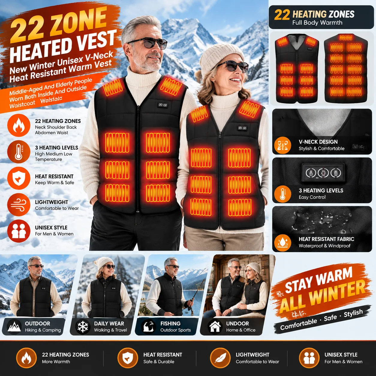 New Winter Unisex V-Neck 22 Zone Heat Resistant Warm Vest Middle-Aged And Elderly People Worn Both Inside And Outside Waistcoat