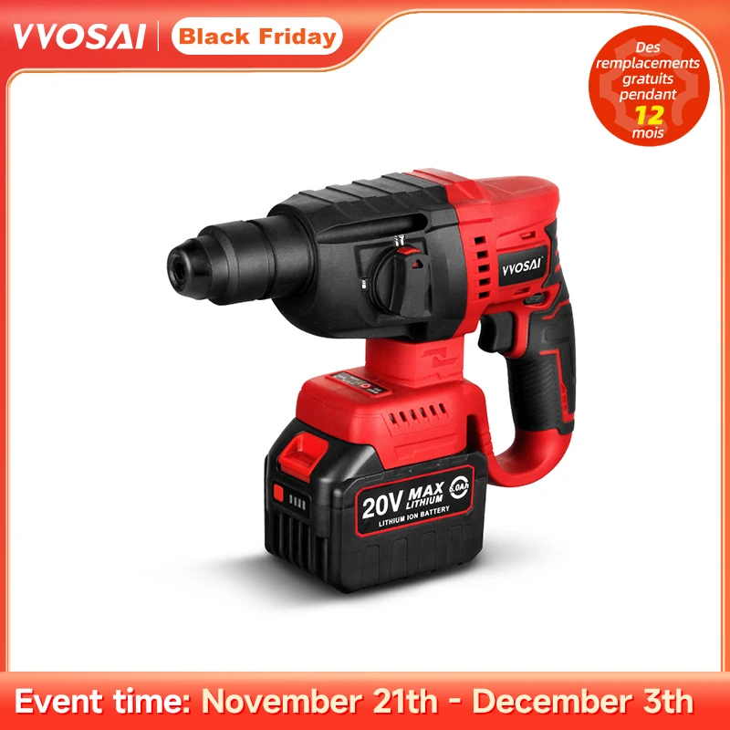 VVOSAI MT-Series 20V Brushless Electric Hammer 4500 IPM Electric Tool Rotary Hammers Punching Machine Perforator Power Tooling