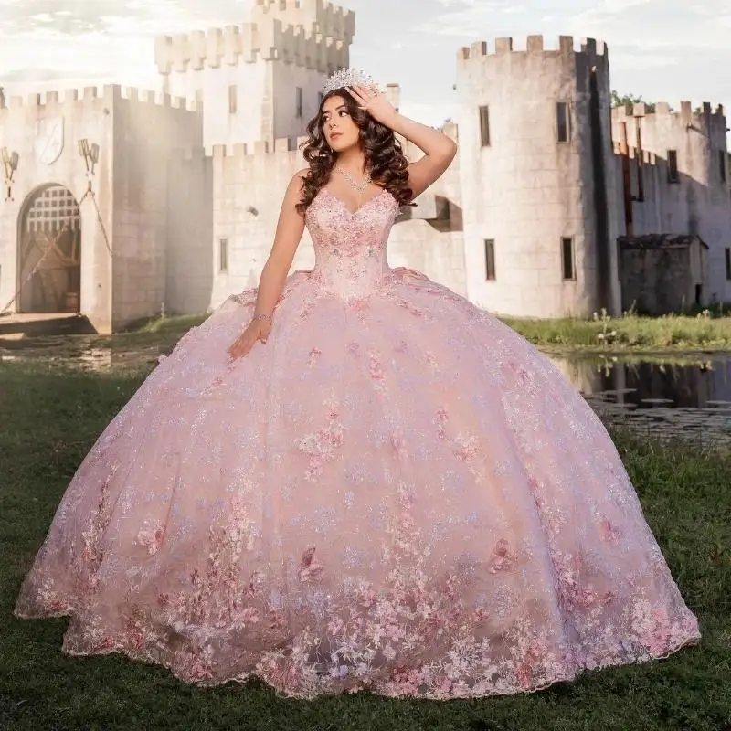 

Luxury Pink Mexican Quinceanera Dressess Applique Lace Beads Tull Corset Prom Lace Up Sweet 16 vestido 15 quinceañeras