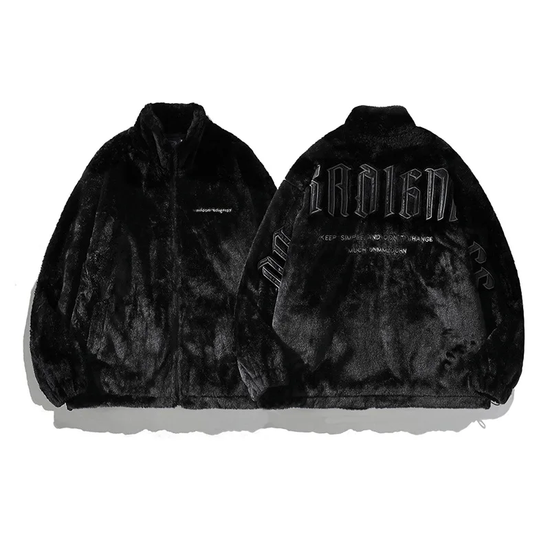 

Mens Womens American Streetwear Letter Embroidery Faux Rabbit Fur Jacket Winter Thick Warm Loose Parka Coat