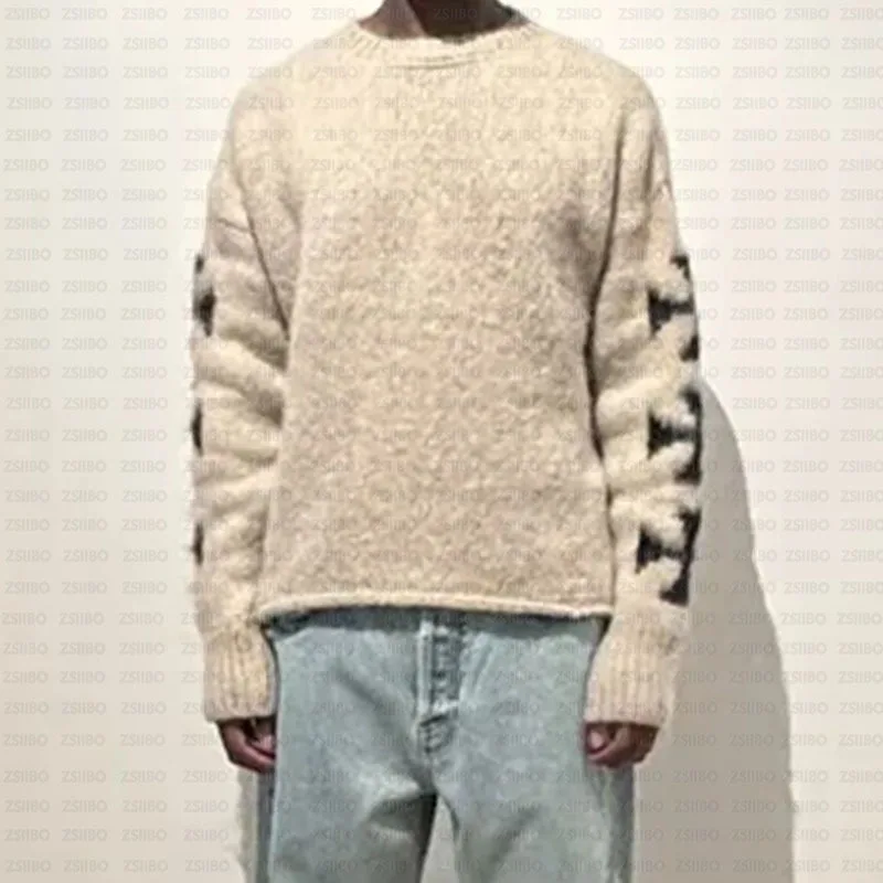 

Cross Jacquard Men's Sweater, High Quality Unisex Crew Neck Warm Knitwear, New in Casual Mans Jumpers
