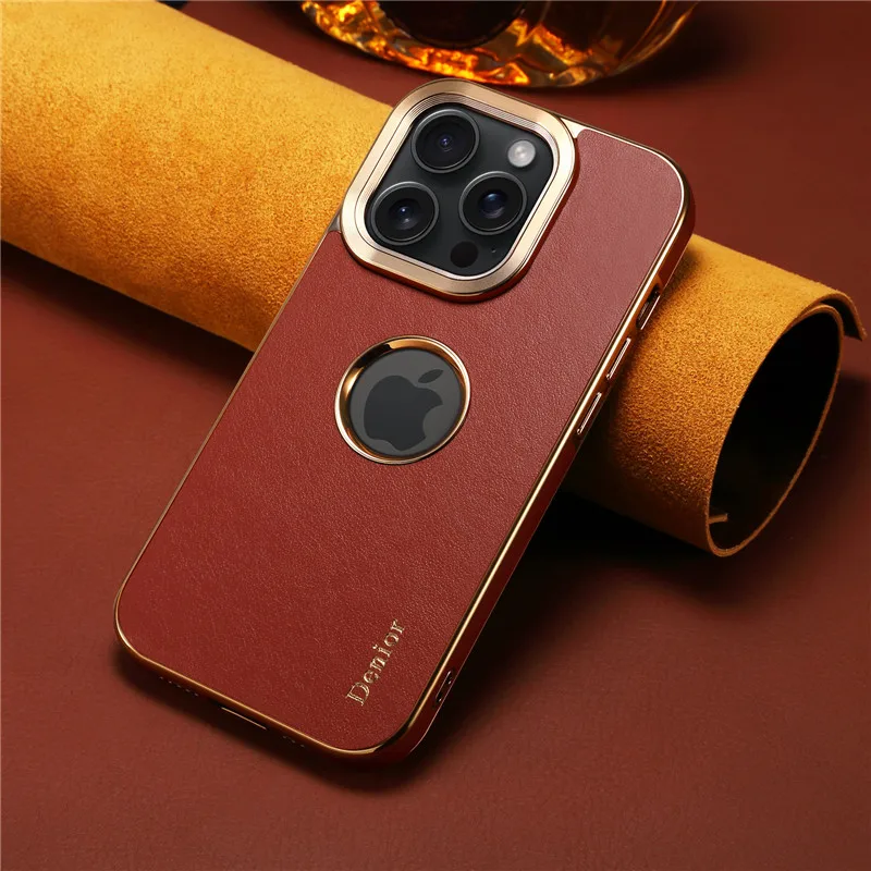 EUCAGR Genuine Leather Shockproof Back Case for iPhone 14 15 Plus 12 13 Pro Max Top Quality Fashion Brand Cover For iPhone 15Pro