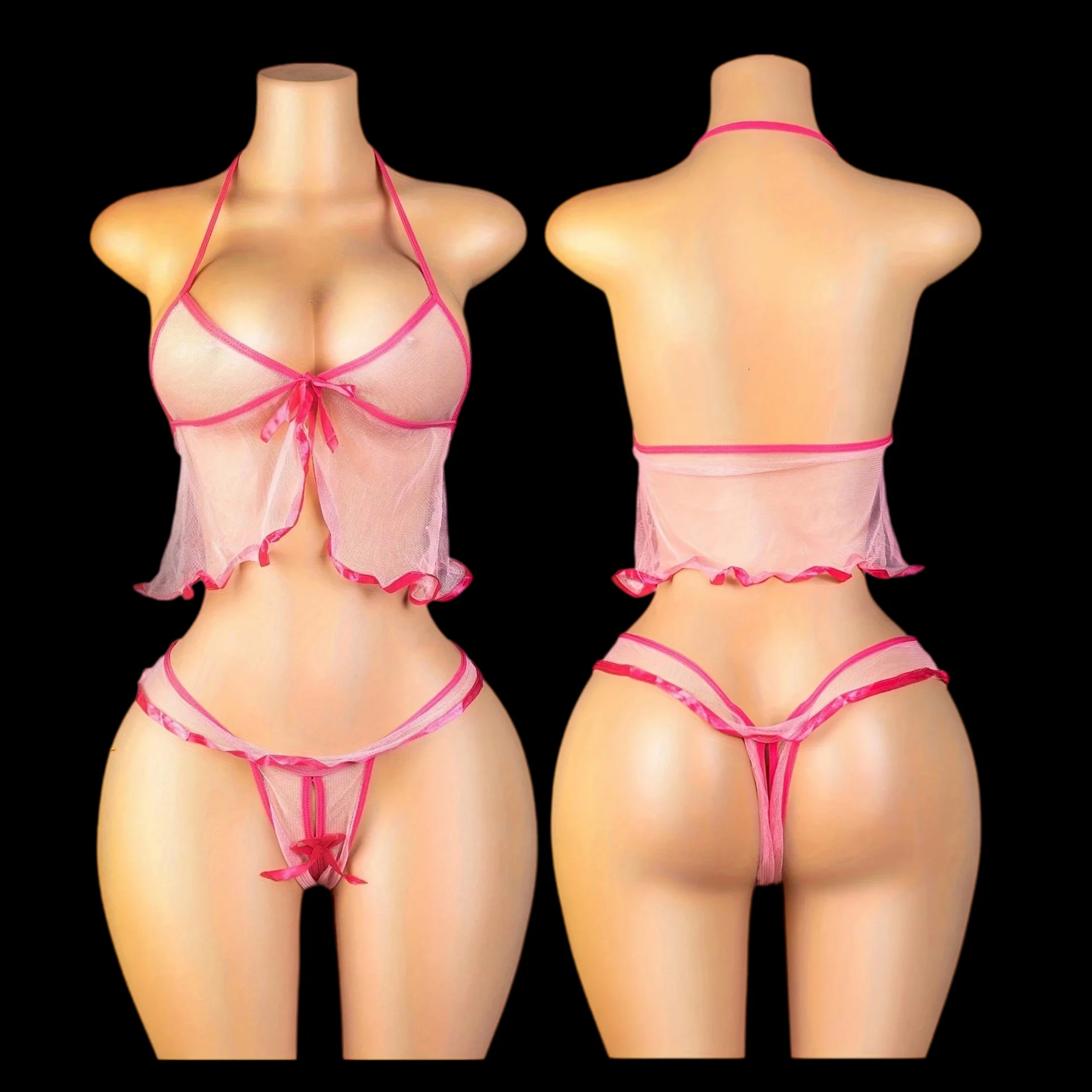 Bikini Swimsuit Women Ruffle Bikini Set Bodysuit Mesh Hollow Transparent Lace Sling Nightwear Jumpsuits