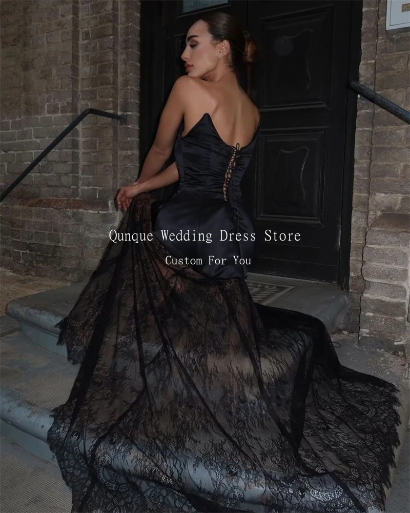 Qunque Lace Appliques Eveneing Dresses Illusion See Through Black Prom Dress women Elegant Party Vestidos De Diesta Customized